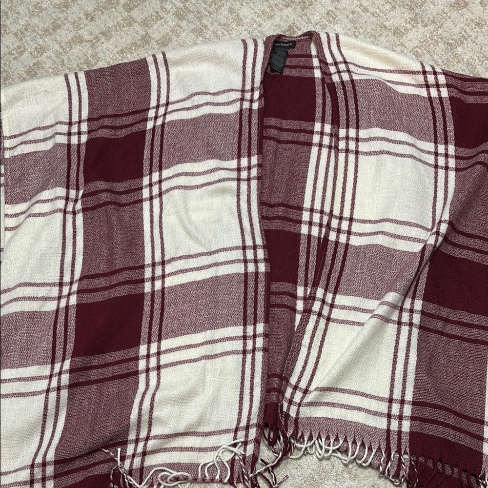 Plaid Fringe Shawl in Burgundy and Cream